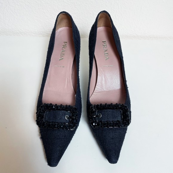 Prada Black Tweed Beaded Buckle Kitten Heels Size 35 - Picture 2 of 10